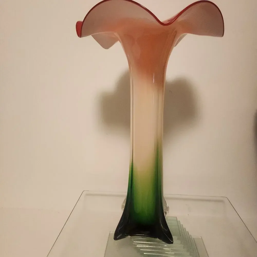 Vintage Murano Style Art Glass Vase 5 Petal- Colorful Calla Lily Design -